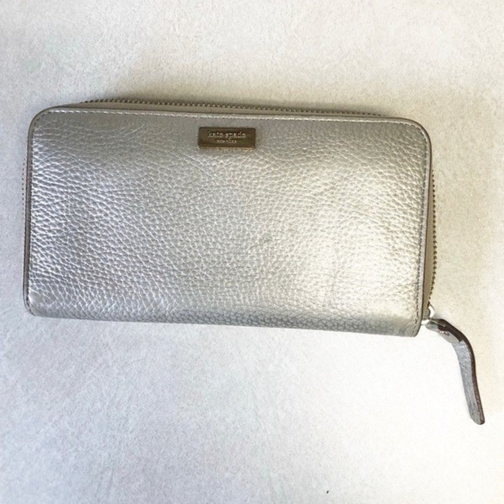 Kate Spade New York Metallic Silver Pebbled Leather Zip Around Wallet
